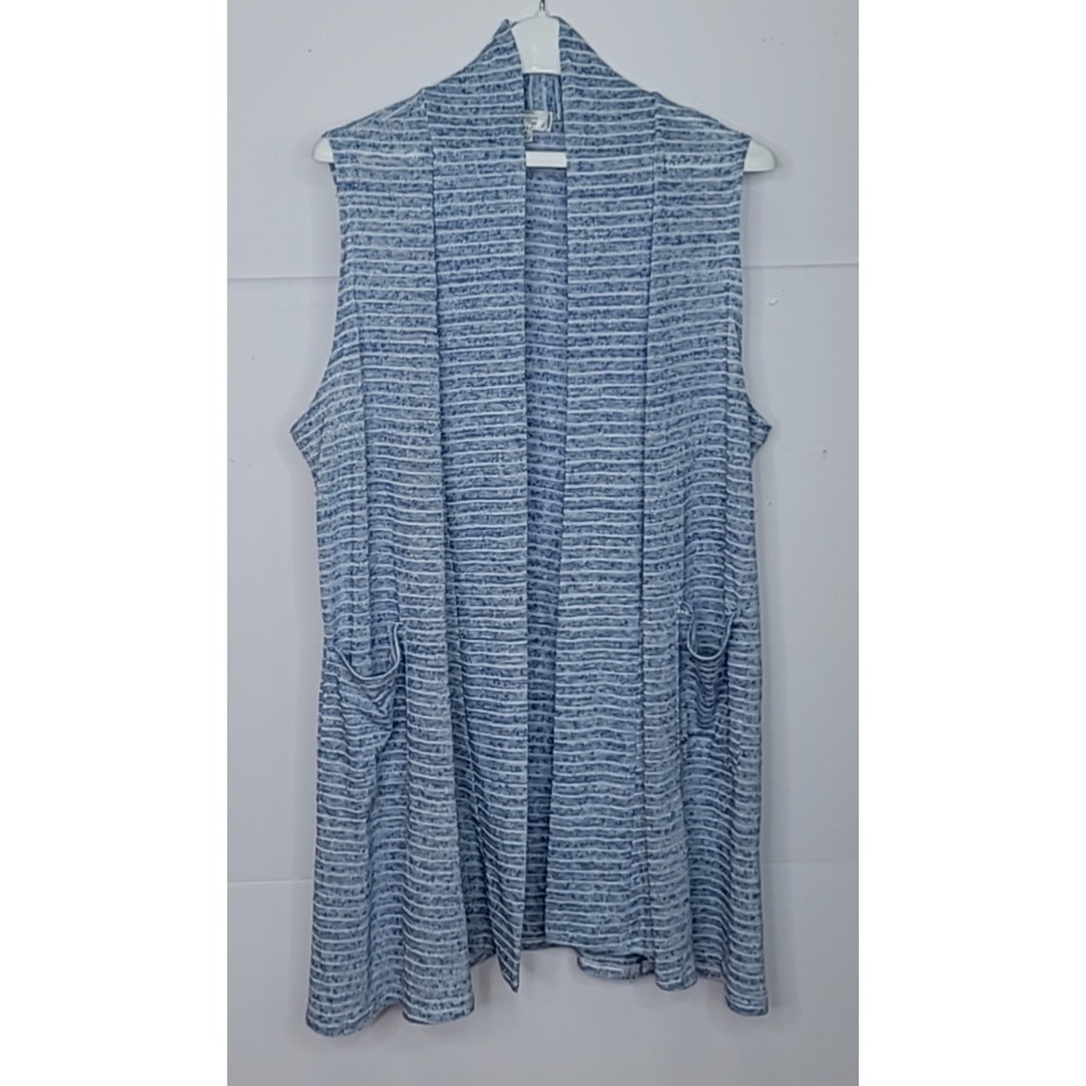Cardigan Vest Shawl Collar 1X Blue Striped Pockets Open Front Longline Cover-Up